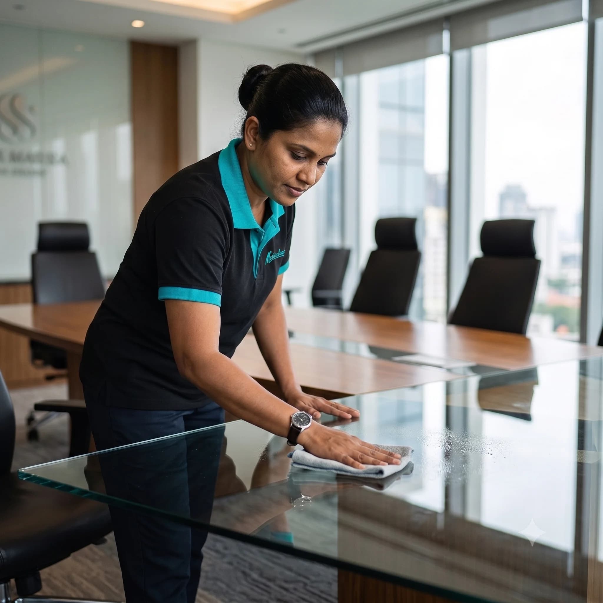 Professional cleaning staff in a corporate boardroom